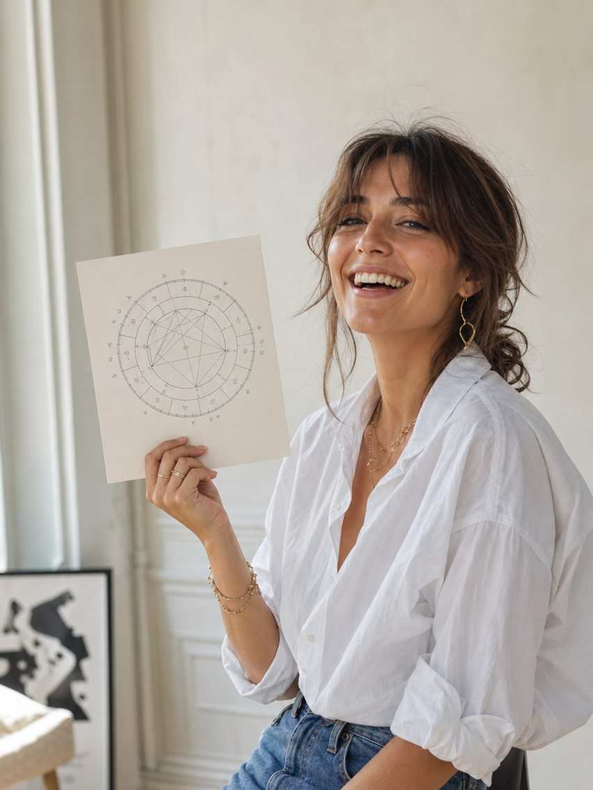 A smiling astrologer holding a printed natal chart in her bright studio.